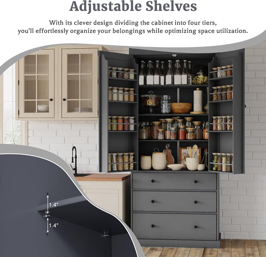 77inch Farmhouse Kitchen Pantry, Freestanding Large Cupboard Storage Cabinet with 3 Drawers, Kitchen Pantry Sideboard, with 8 Door Shelves & 3 Adjustable Shelves, Gray
