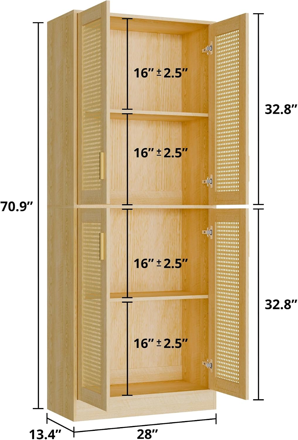 Cozy Castle Kitchen Pantry Cabinet, 71" Tall Rattan Doors Storage Cabinet and Adjustable Shelves, Modern Farmhouse Wood Cupboard Utility Hutch for Kitchen, Dining Room, Living Room (Oak)