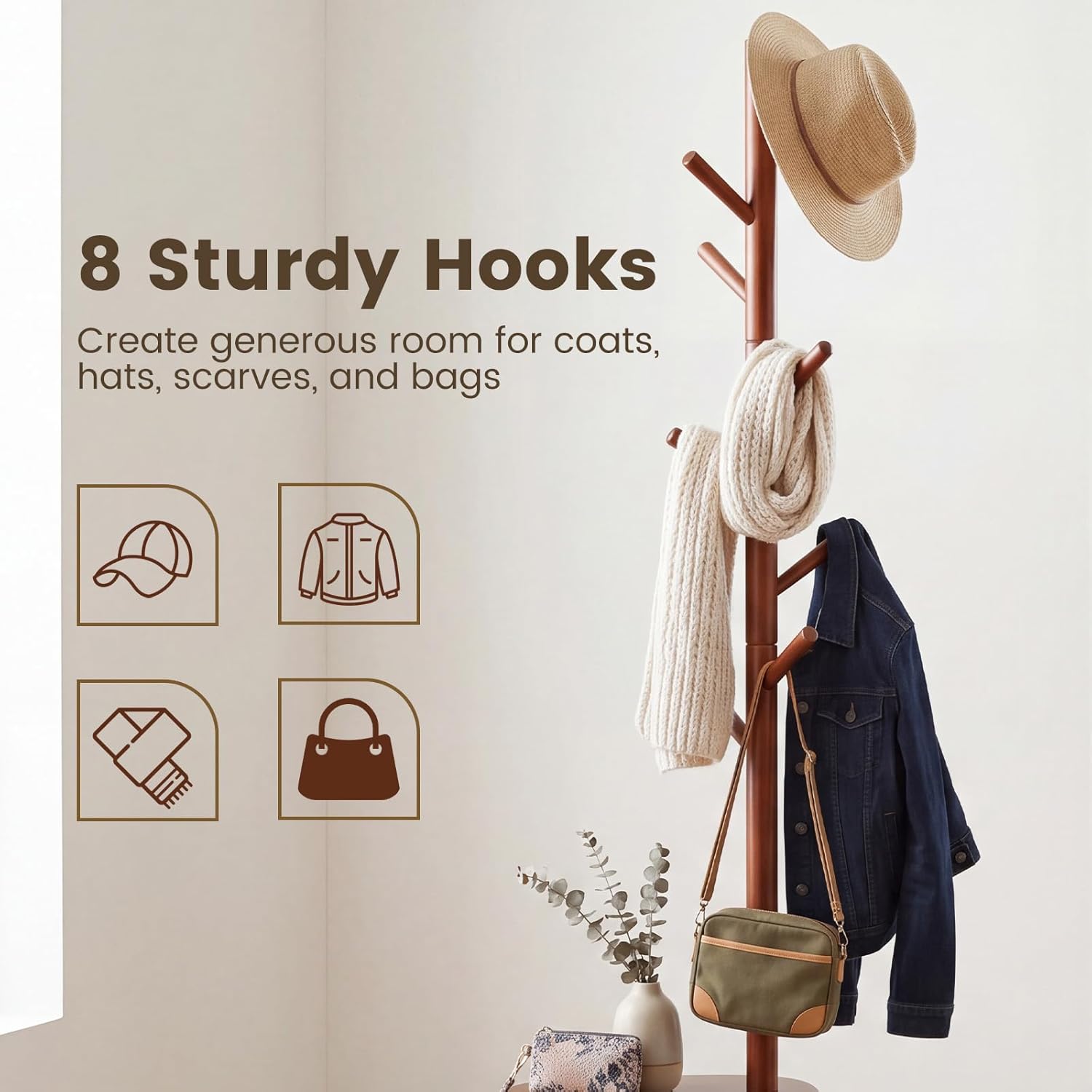 Giantex Coat Rack Freestanding, 70" Solid Wood Clothing Rack with 8 Hooks and 2 Storage Shelves, Wooden Hall Tree for Coats, Hats & Bags, Tall Coat Hanger Stand for Entryway, Living Room, Bedroom