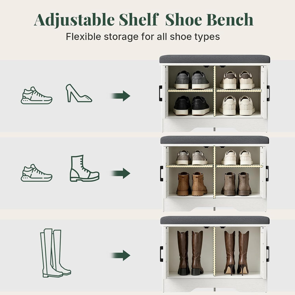 Sweetcrispy 28 Inch Storage Bench with Padded Cushion, Entryway Shoe Organizer Cabinet with 2 Doors and Adjustable Shelves for Hallway, Bedroom, Living Room, and Mudroom, White