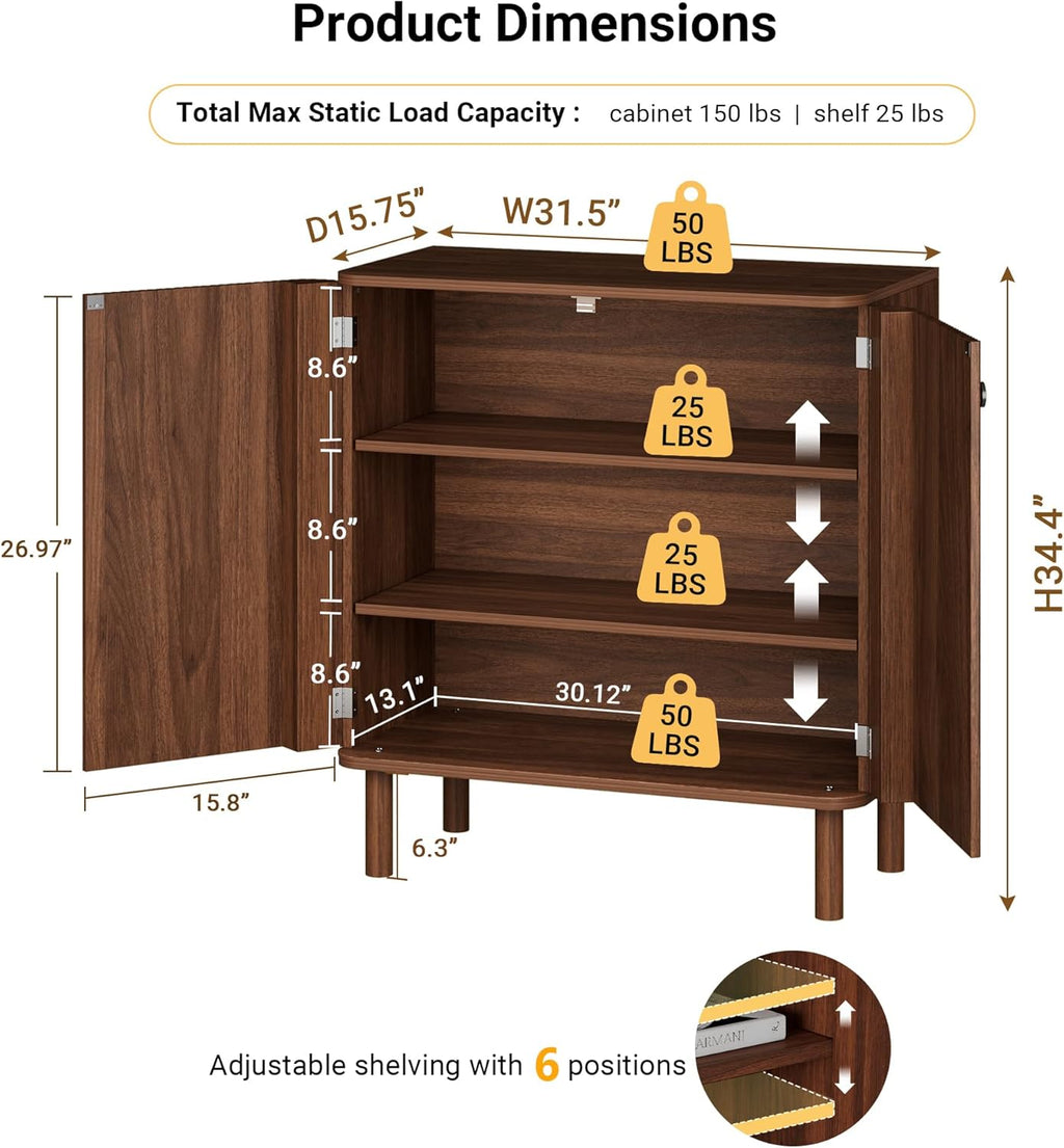 Fluted Sideboard Cabinet, Modern Buffet Cabinet, Small Storage Cabinet with Adjustable Shelves & Wood Legs, Accent Credenza Sideboard for Kitchen, Coffee Bar, Living Room, Entryway, Hallway