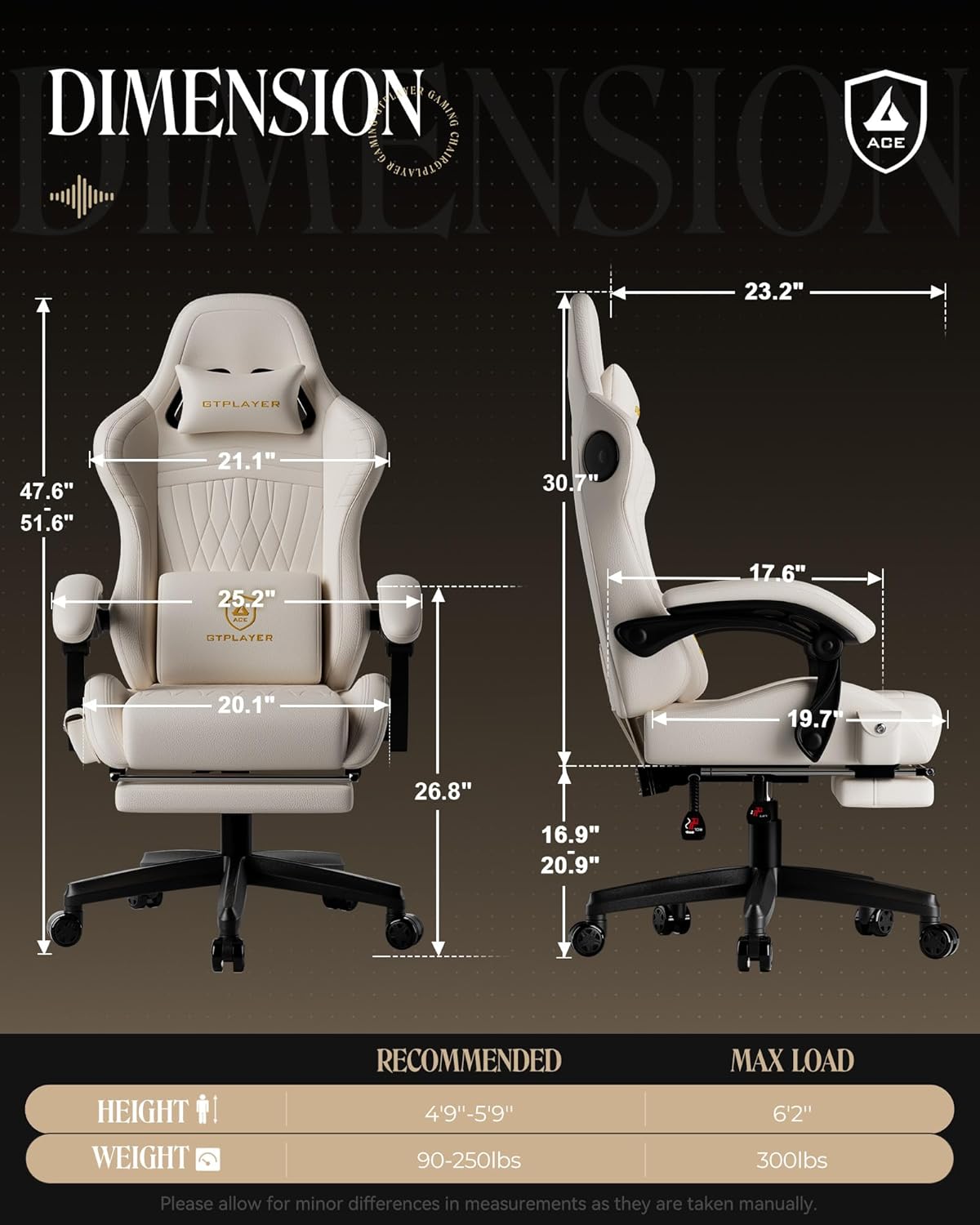 GTPLAYER Gaming Chair for Adults, Ergonomic Computer Game Chairs with Speakers, Footrest & Linkage Armrest, Reclining High Back Silla Gamer for Home Office, Ace Pro, Off-White