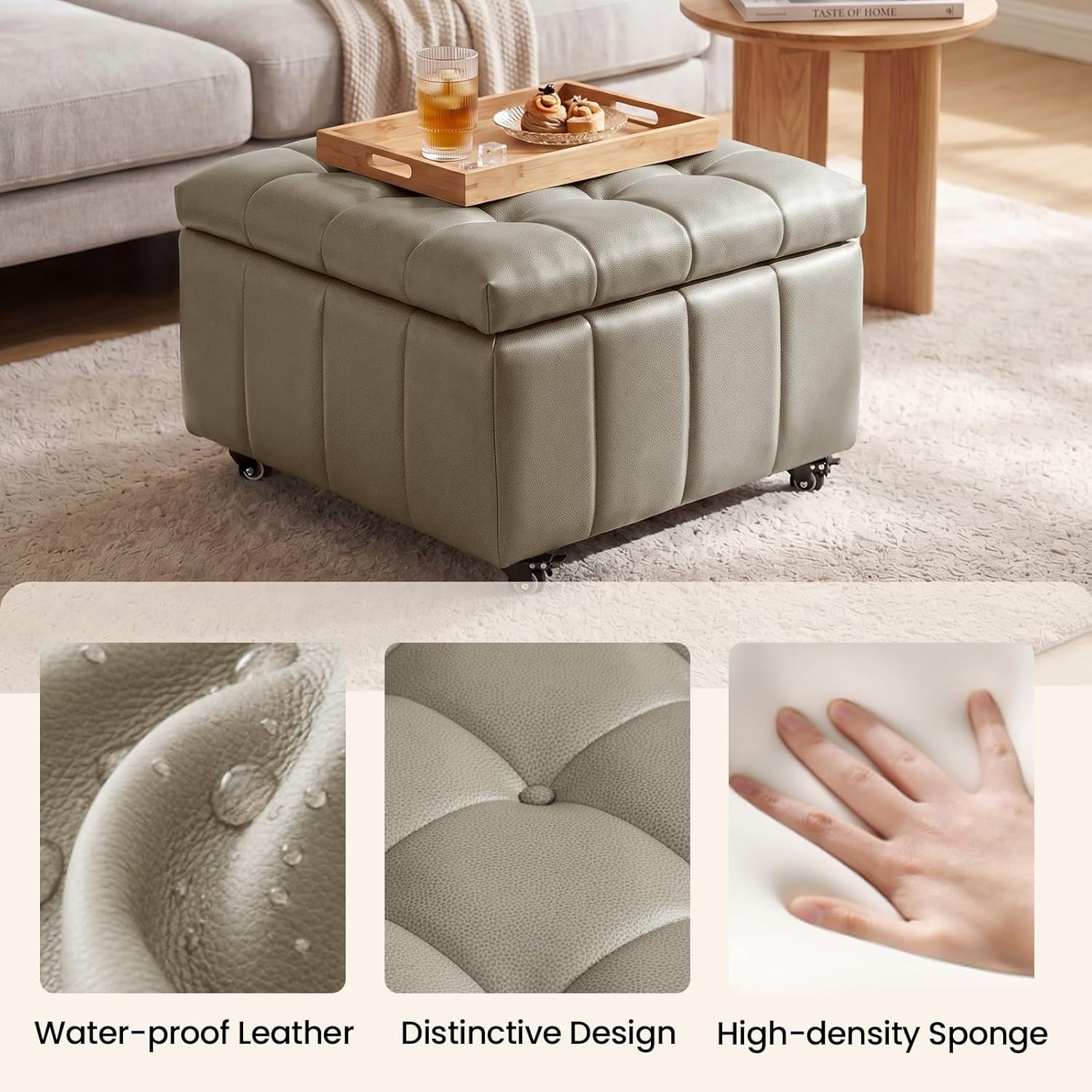 Square Leather Ottoman with Storage and Wheels,360°Rolling ottoman,Faux Leather Flip Top Storage Footstool Coffee Table, Rolling Upholstered Storage Ottoman for Living Room Entryway (Modern Grey)