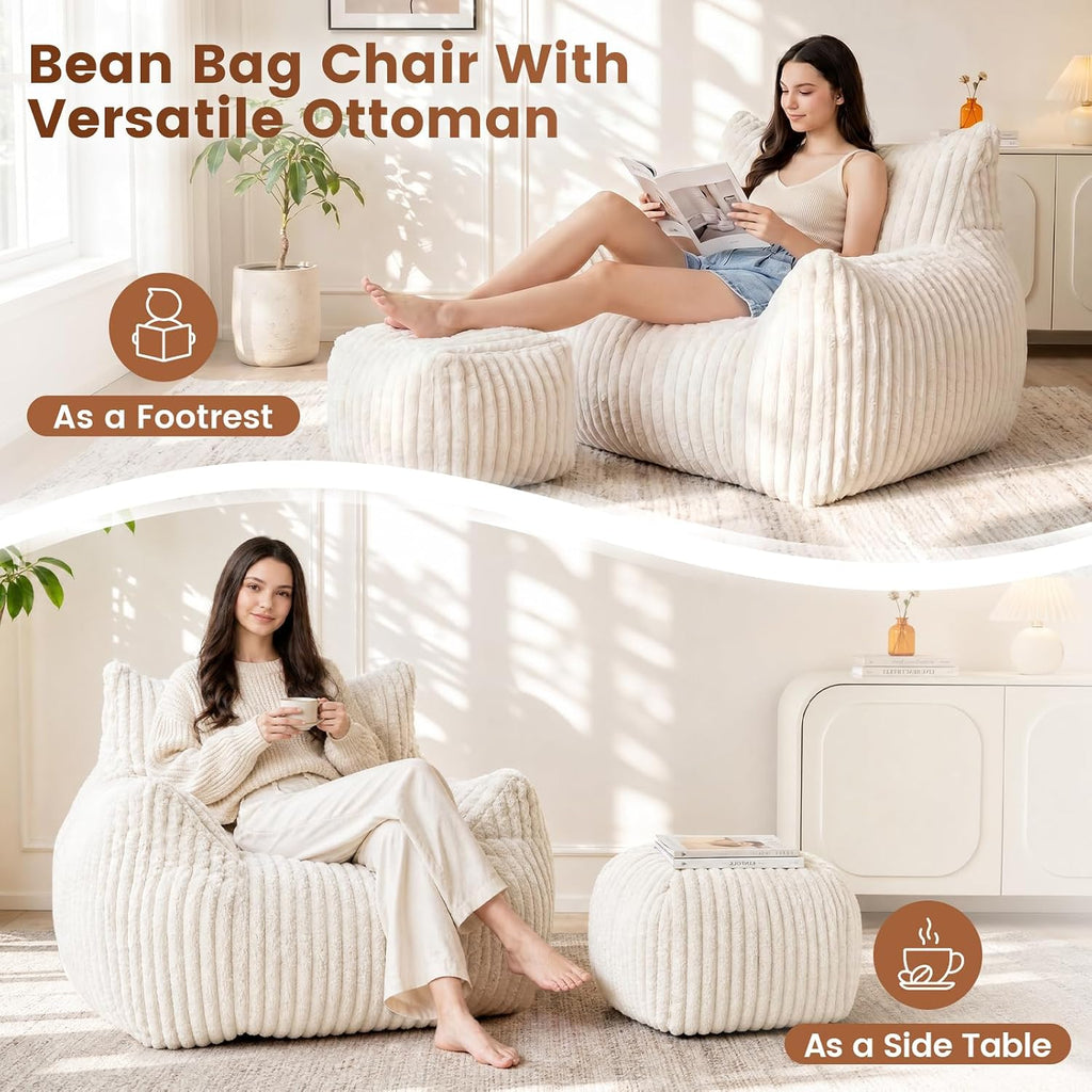 Giant Plush Bean Bag Chairs for Adults & Kids, Large Comfy Reading Chair for Bedroom with Ottoman Footrest, Accent Chairs for Living Room, Cozy Fluffy Single Cloud Couch,White
