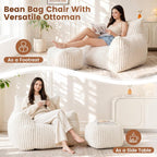 Giant Plush Bean Bag Chairs for Adults & Kids, Large Comfy Reading Chair for Bedroom with Ottoman Footrest, Accent Chairs for Living Room, Cozy Fluffy Single Cloud Couch,White