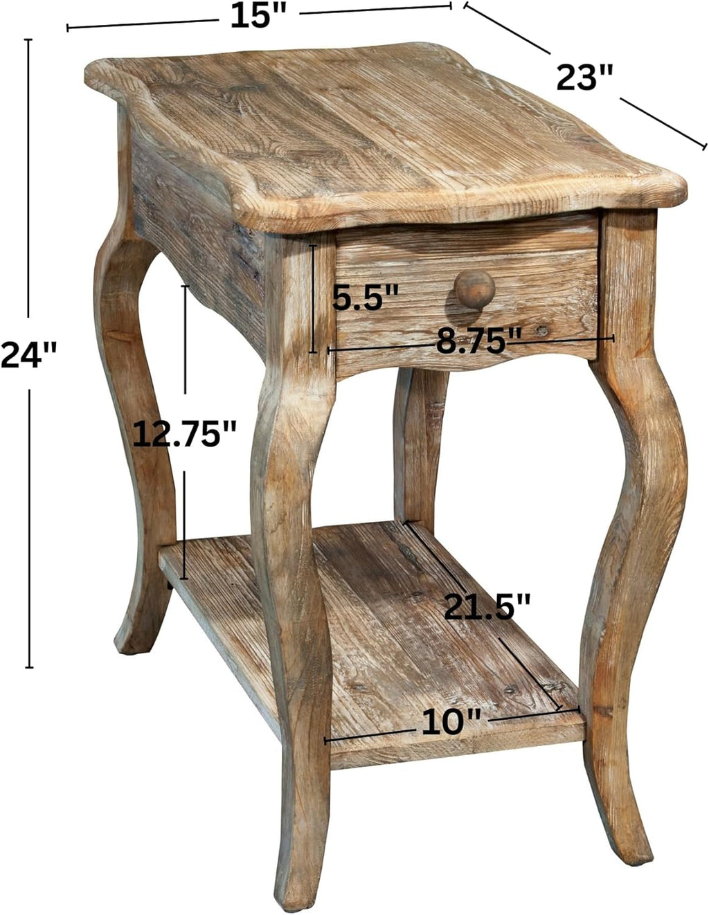 Alaterre Furniture Austerity Living Room Tables – 15 Inch Narrow Chairside Table with Drawer, Shelf, Scalloped Edges, & Curved Legs – Rustic Accent Side Table in Driftwood Finish (Set of 2)