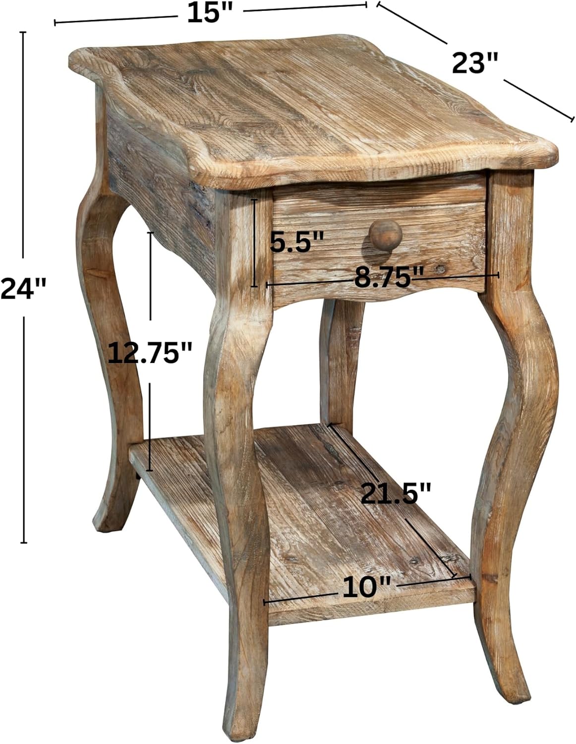Alaterre Furniture Austerity Living Room Tables – 15 Inch Narrow Chairside Table with Drawer, Shelf, Scalloped Edges, & Curved Legs – Rustic Accent Side Table in Driftwood Finish (Set of 2)