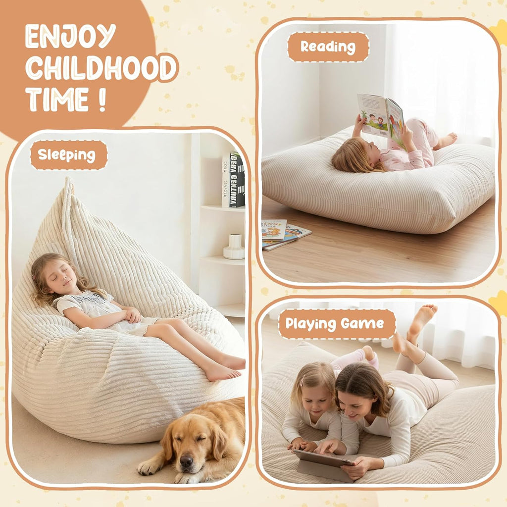 3 in 1 Kids Bean Bag Chair Bed – Foldable Bean Bag to Lounger & Floor Mattress, High-Density Foam Filling Bean Bag, Child Floor Sofa for Reading, Sleeping, Gaming & Relaxation,Beige