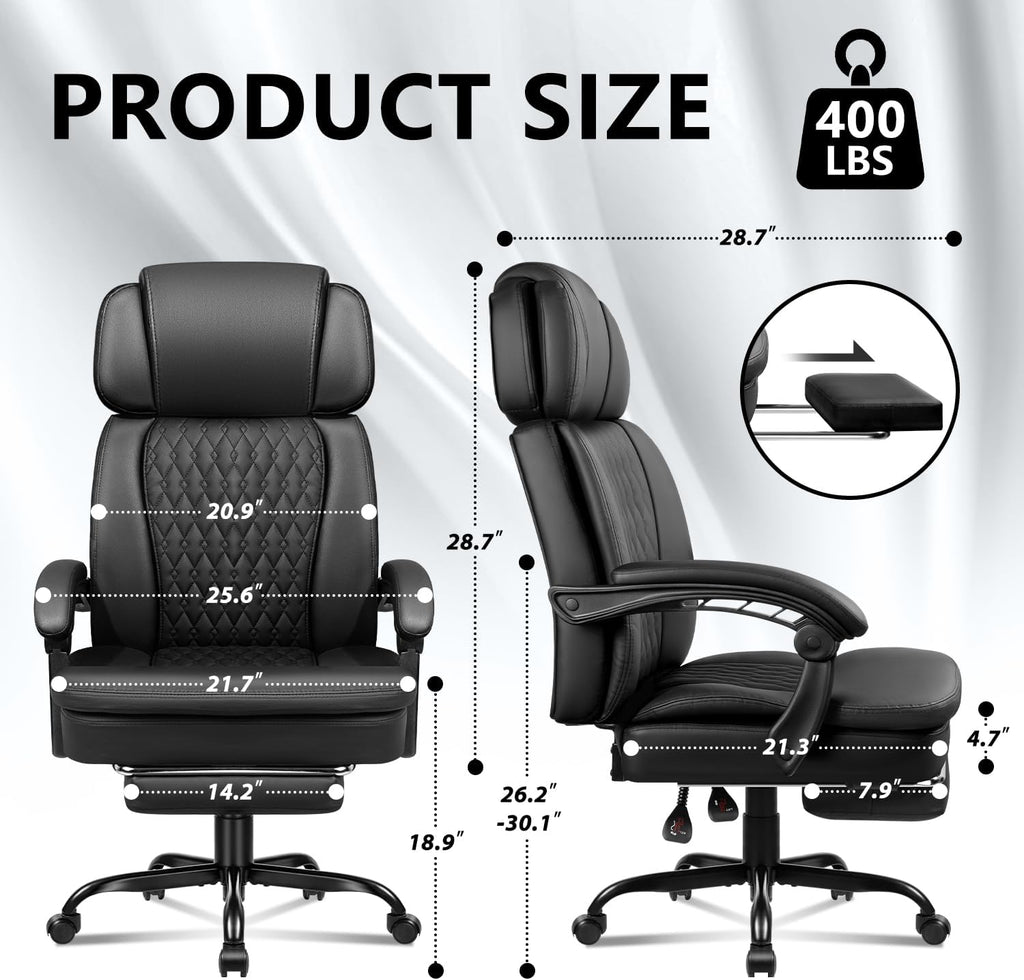 Office Chair with Foot Rest 400lbs, High Back Leather Office Chair Big and Tall, Heavy Duty Ergonomic Executive Desk Chair for Home Office, Black