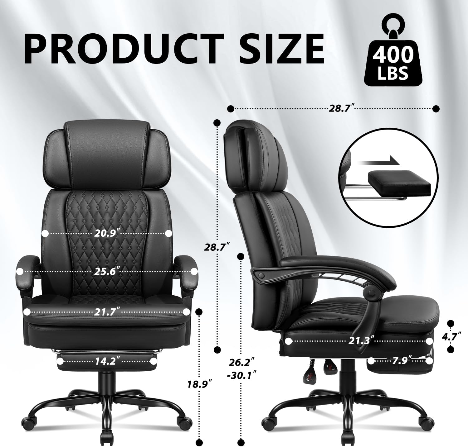 Office Chair with Foot Rest 400lbs, High Back Leather Office Chair Big and Tall, Heavy Duty Ergonomic Executive Desk Chair for Home Office, Black