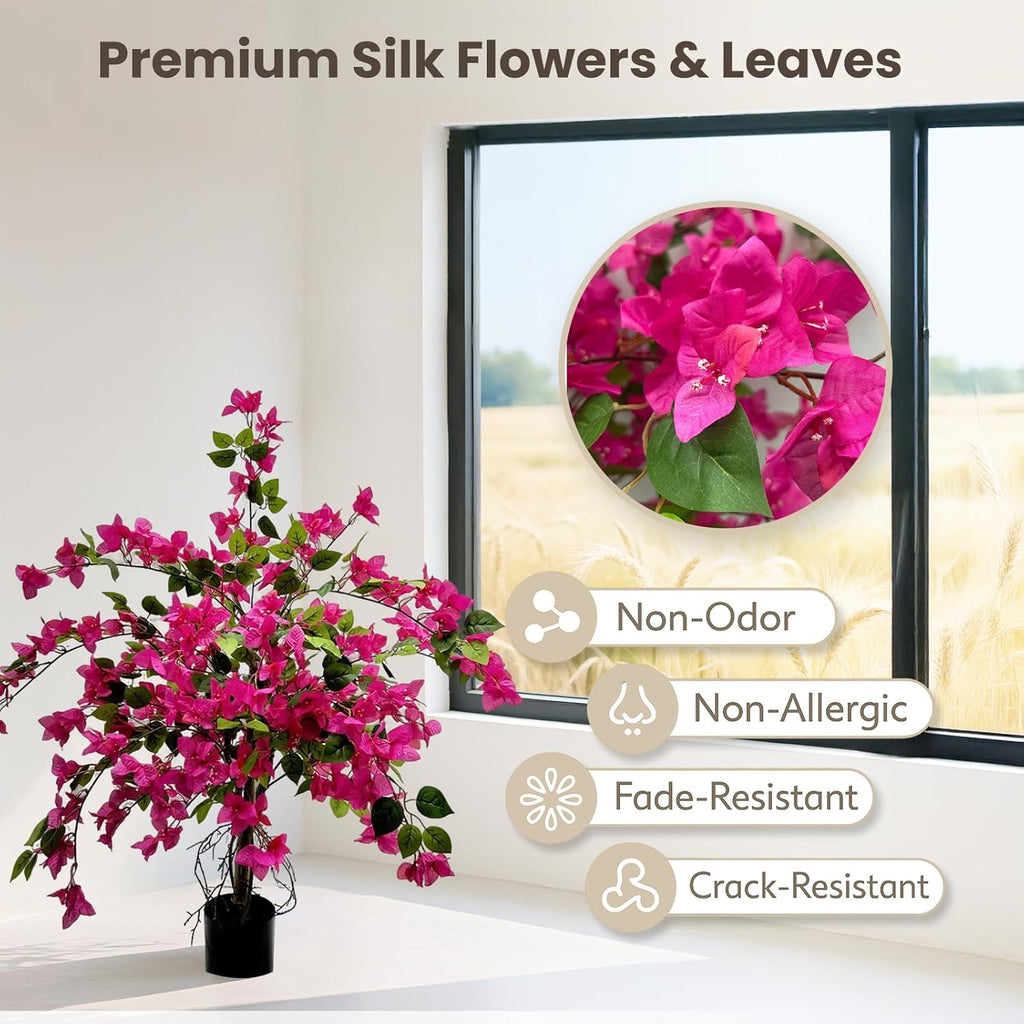 3FT Artificial Bougainvillea Tree – Realistic Faux Bougainvillea Tree with Pink Silk Flowers, Lifelike Artificial Flowering Plant in Pot for Indoor Outdoor Home, Living Room, Porch, Patio Decor