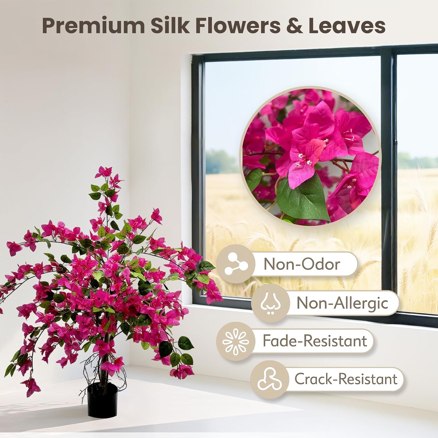 3FT Artificial Bougainvillea Tree – Realistic Faux Bougainvillea Tree with Pink Silk Flowers, Lifelike Artificial Flowering Plant in Pot for Indoor Outdoor Home, Living Room, Porch, Patio Decor