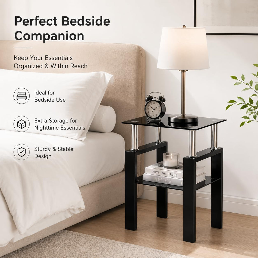 Meihua Tempered Glass End Table, Black Modern Square Side Table with Metal Frame, 2-Tier Glass Accent Table for Living Room, Bedroom, Apartment & Small Spaces