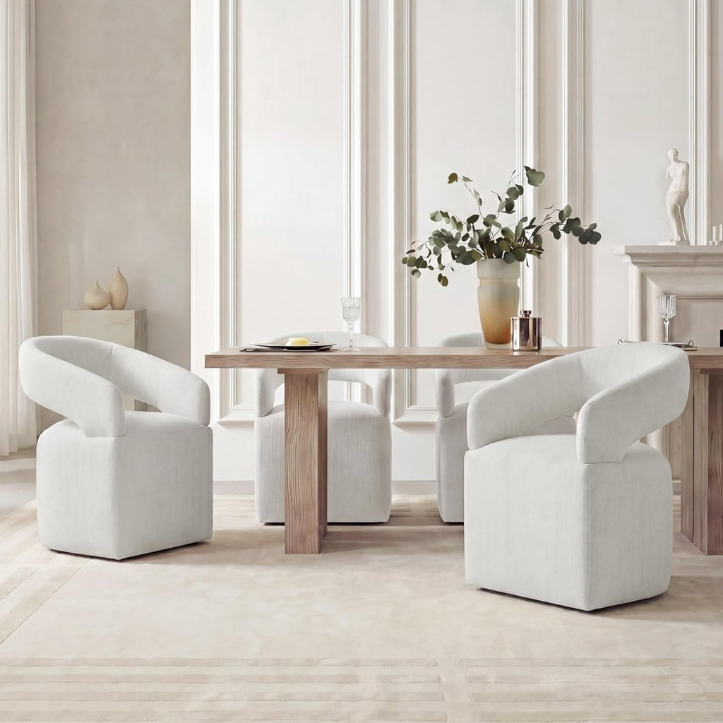 KISLOT Upholstered Dining Chairs Set of 2, Modern Arm Kitchen & Dining Room Chairs with Hidden Casters, Linen Fabric Padded Rolling Chairs, Sturdy Wood Frame, 300 lbs Capacity, Light Linen