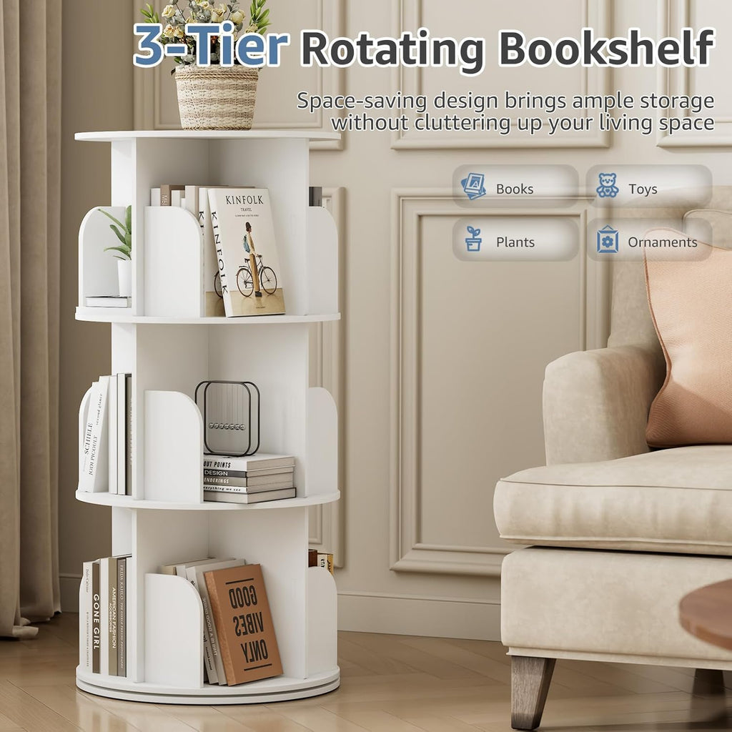 DUMOS 3 Tier Rotating Bookshelf Tower, Study Spinning Bookshelf for Small Space, 360° Display Revolving Bookcase Lazy Susan, Freestanding Vertical Corner Book Shelf for Bedroom, Living Room, White