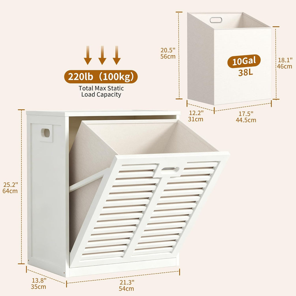 VASMIA Tilt Out Laundry Hamper, Bamboo Laundry Cabinet with Hidden Removable Basket,Dirty Clothes Storage Organizer for Bedroom, Bathroom, Living Room, White