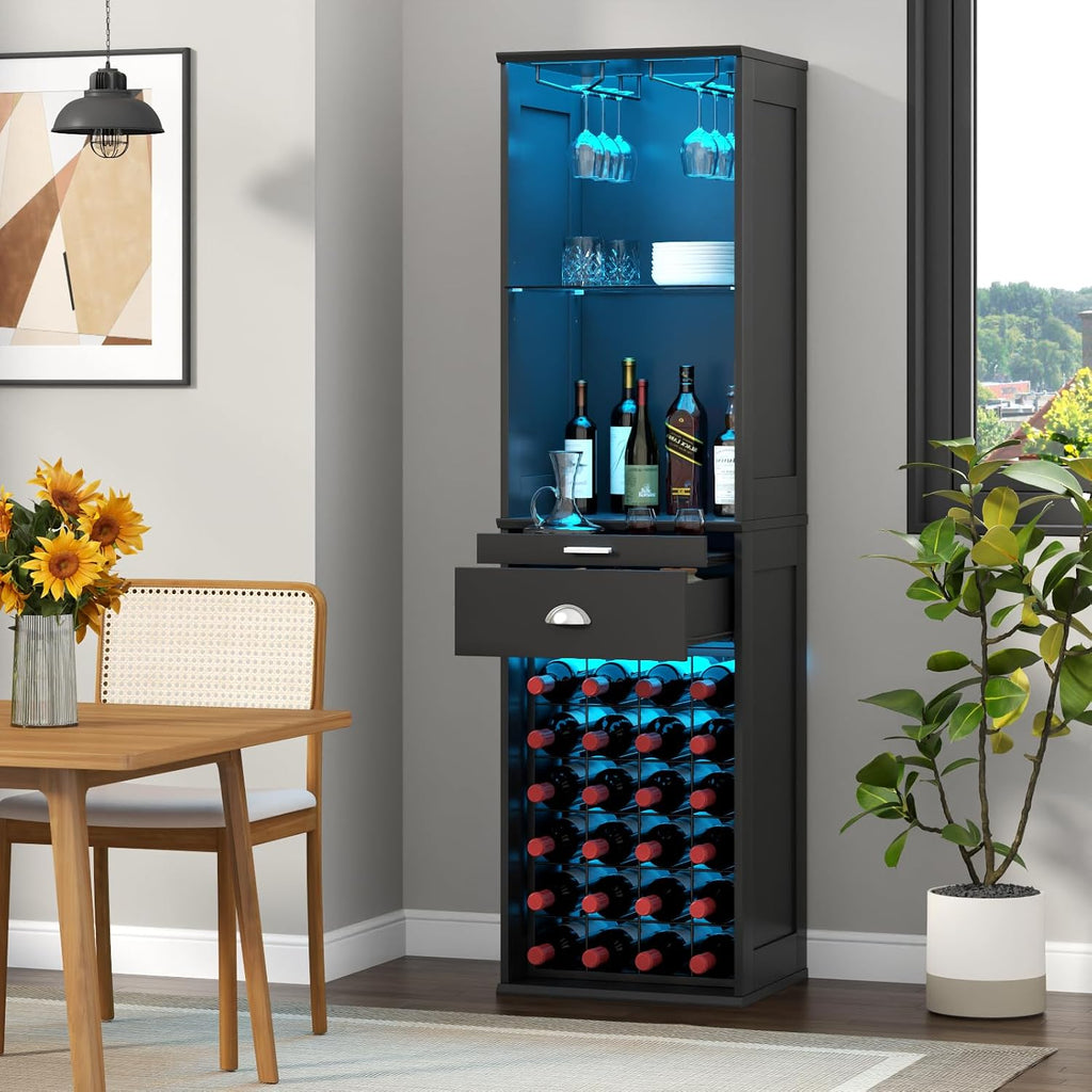 Loomie Wine Bar Cabinet with LED Lights, 65'' Tall Coffee Bar with 24 Wine Rack & Glass Holder, Freestanding Liquor Cabinet with Tray & Drawer & Adjustable Shelf (Black)