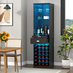 Loomie Wine Bar Cabinet with LED Lights, 65'' Tall Coffee Bar with 24 Wine Rack & Glass Holder, Freestanding Liquor Cabinet with Tray & Drawer & Adjustable Shelf (Black)