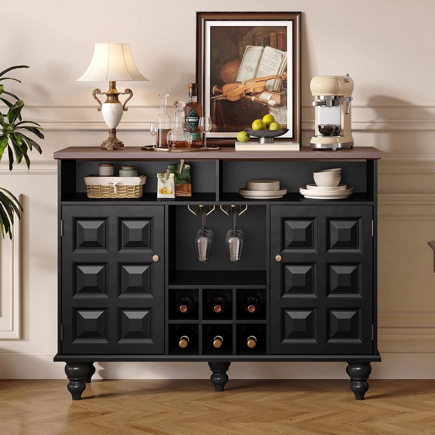 Vabches 45" Wine Bar Cabinet with Wine Rack and Glass Holder, Mid Century Modern Farmhouse Liquor Coffee Bar with Storage & Retro Square Doors, Sideboard Buffet Cabinet for Kitchen Dining Room, Black