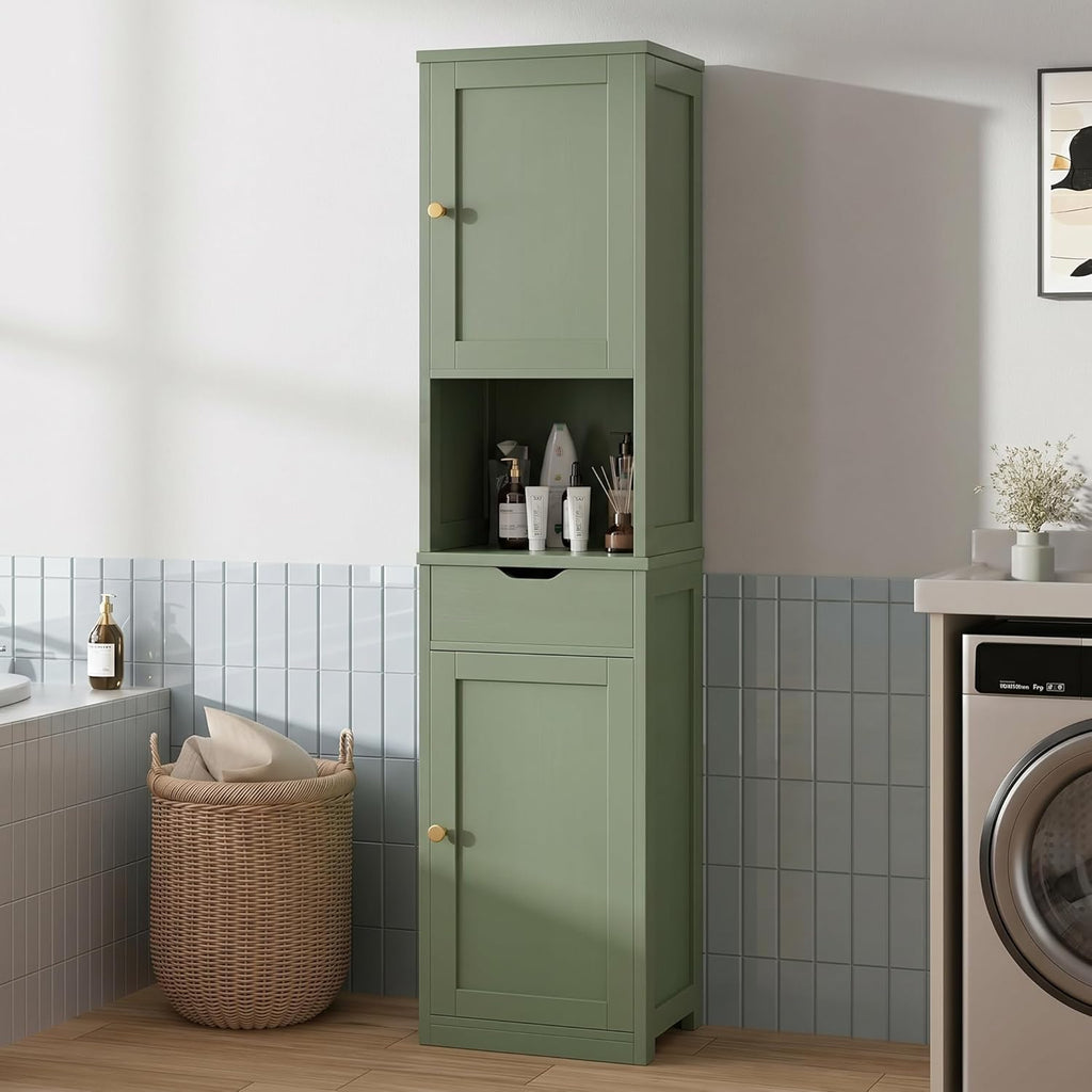 Walsunny Tall Bathroom Storage Cabinet with Freestanding Adjustable Shelves, Narrow Storage Linen Cabinet with 2 Doors and 1 Drawer for Bathroom, Living Room, Kitchen, Green