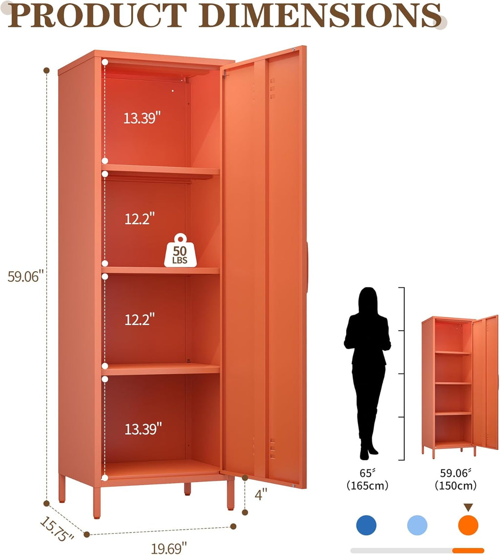 Metal Locker Storage Cabinets 59.06"H Orange Locking File Cabinets Kitchen Food Pantry Cabinet with 2 Doors and Shelves for Dining Room, Living Room,Bathroom Office,Home,Garage, Gym, School