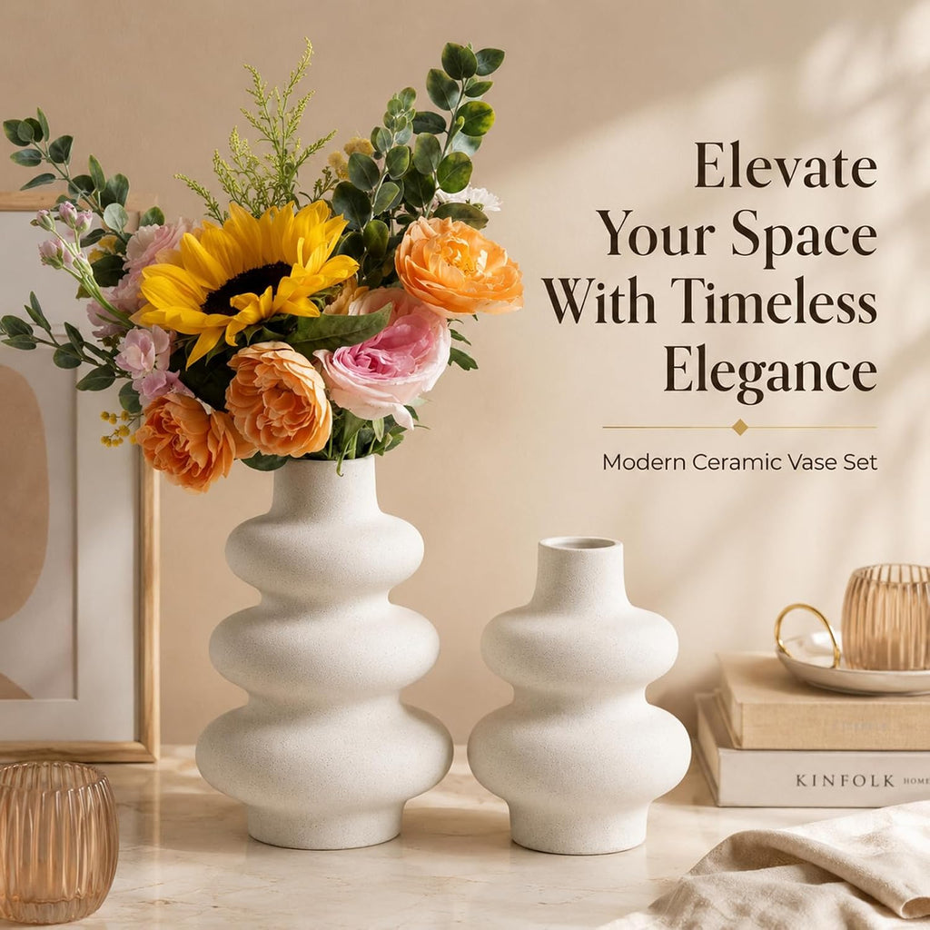 Ceramic Vase Set, Modern White Vases for Living Room Decor | Set of 2 off white ceramic round vases styles pampas, dried stems or empty display for modern neutral decor.