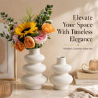 Ceramic Vase Set, Modern White Vases for Living Room Decor | Set of 2 off white ceramic round vases styles pampas, dried stems or empty display for modern neutral decor.