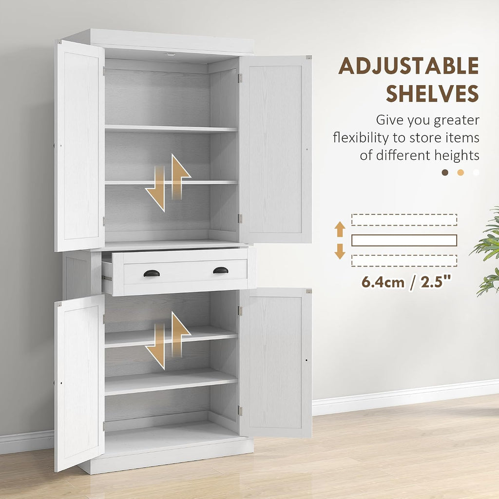 72.5" Kitchen Pantry Cabinet, Traditional Freestanding Storage Cabinet with 4 Doors, Drawer and 3 Adjustable Shelves for Dining Room, White Wood Grain,16 * 30 * 72.5