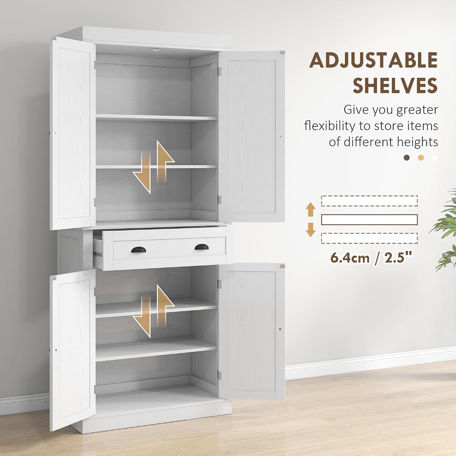 72.5" Kitchen Pantry Cabinet, Traditional Freestanding Storage Cabinet with 4 Doors, Drawer and 3 Adjustable Shelves for Dining Room, White Wood Grain,16 * 30 * 72.5