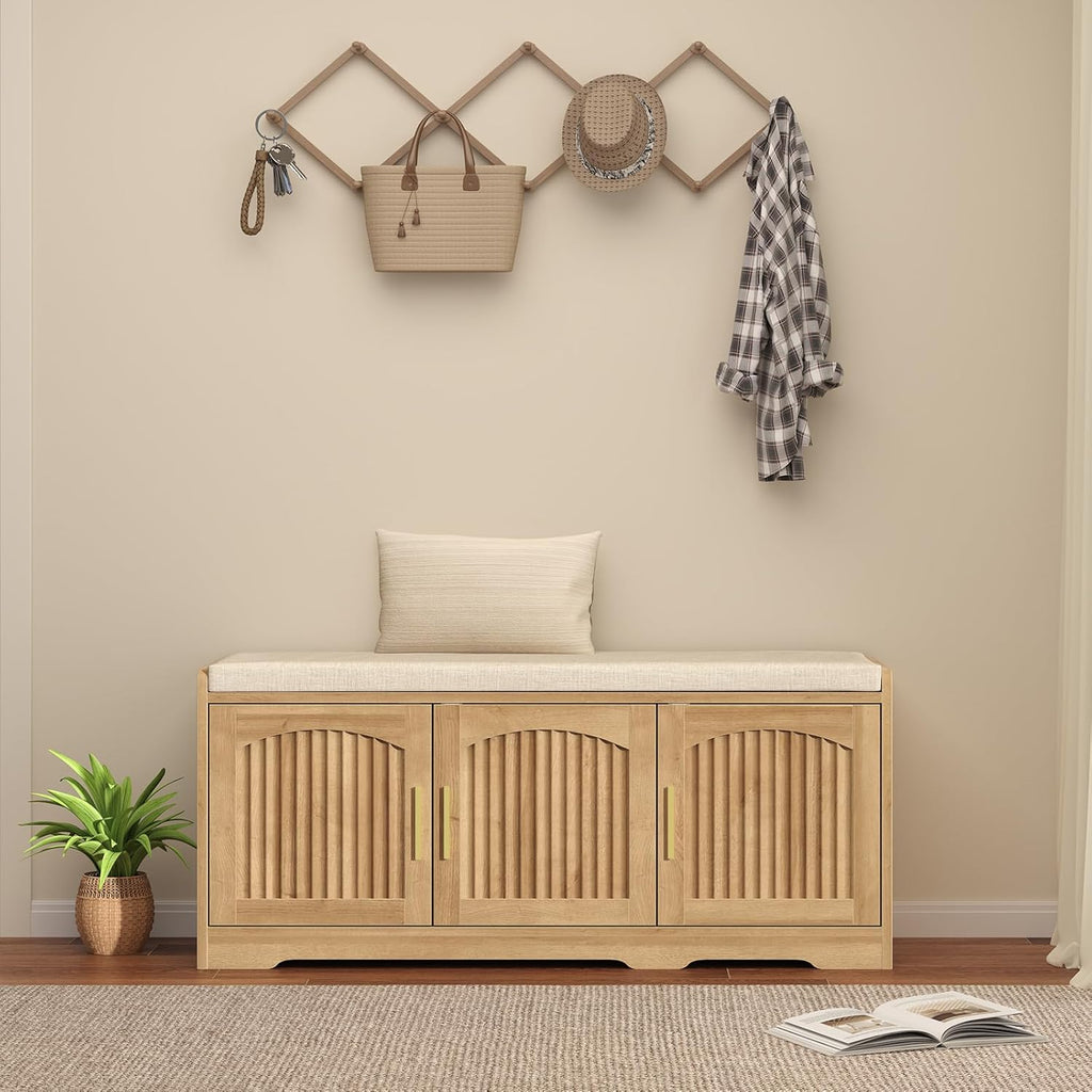 39.4" Shoe Storage Bench with Seating Cushion, Fluted 2-Tier Entryway Bench with 3 Doors & Adjustable Shelves, Shoe Cabinet Bench for Entryway, Hallway, Bedroom and Living Room (Natural)