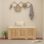 39.4" Shoe Storage Bench with Seating Cushion, Fluted 2-Tier Entryway Bench with 3 Doors & Adjustable Shelves, Shoe Cabinet Bench for Entryway, Hallway, Bedroom and Living Room (Natural)