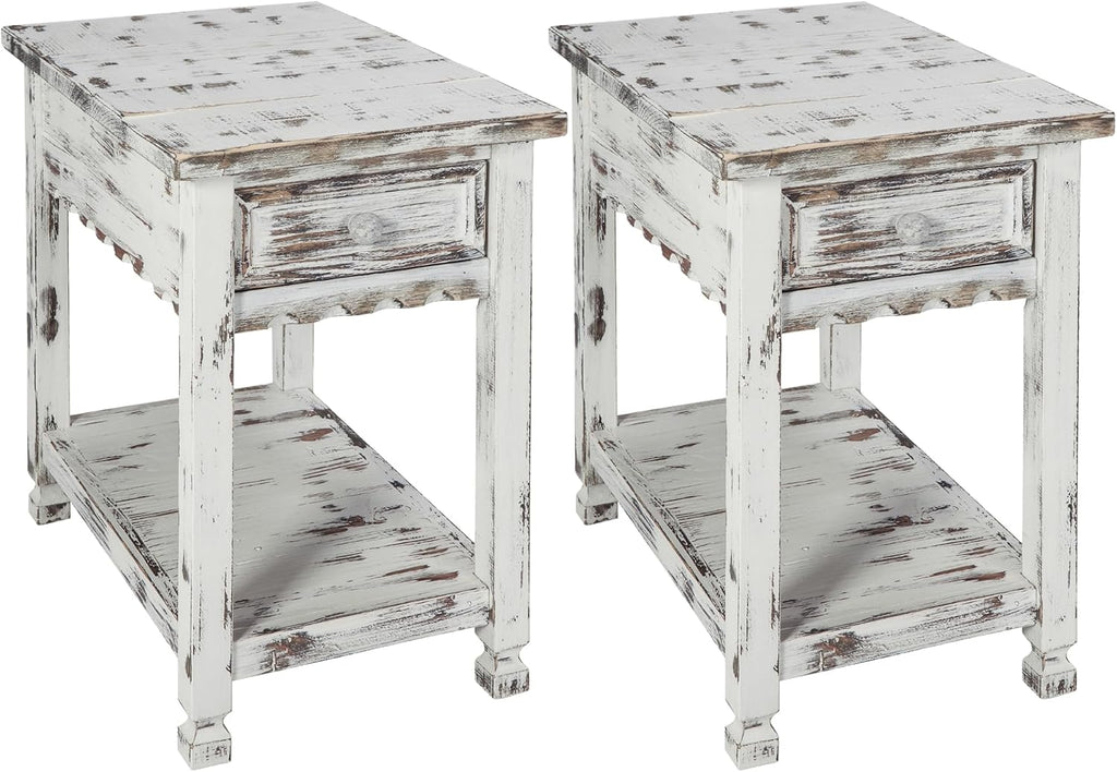 Alaterre Furniture Country Cottage Chairside End Table Set of 2 – Narrow Rustic Farmhouse Side Table with Drawer & Lower Shelf for Living Room or Bedroom (Distressed White Finish)