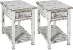 Alaterre Furniture Country Cottage Chairside End Table Set of 2 – Narrow Rustic Farmhouse Side Table with Drawer & Lower Shelf for Living Room or Bedroom (Distressed White Finish)