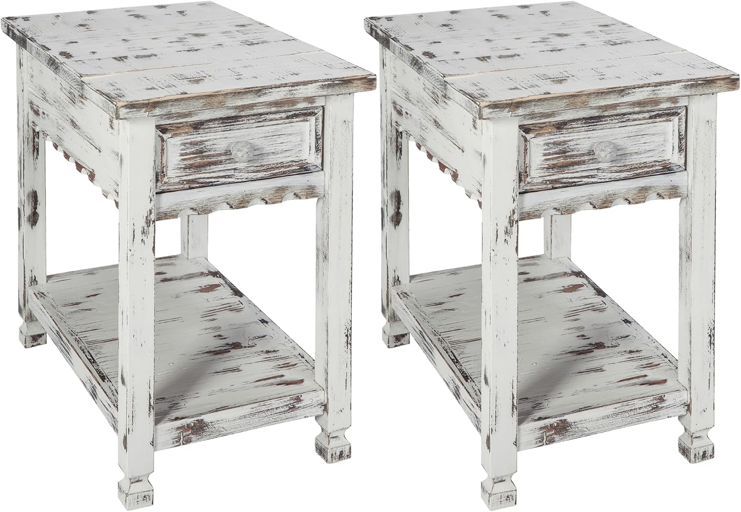Alaterre Furniture Country Cottage Chairside End Table Set of 2 – Narrow Rustic Farmhouse Side Table with Drawer & Lower Shelf for Living Room or Bedroom (Distressed White Finish)
