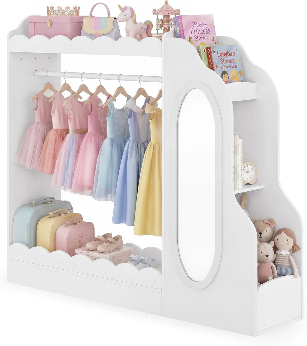Curipeer Kids Dress Up Storage with Mirror, Bookshelf & Toy Storage, Scalloped Design Princess Closet for Little Girls, Kids Dress Up Rack, Open Hanging Armoire Wardrobe for Bedroom, Playroom, White