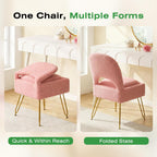 Vanity Chair with Storage & Folding Backrest, Cute Pink Faux Fur Vanity Stool, Comfy Padded Make Chair for Makeup Bedroom, Adjustable Back & Plush Cushion Seat,16.6" Wide 11L Storage Space