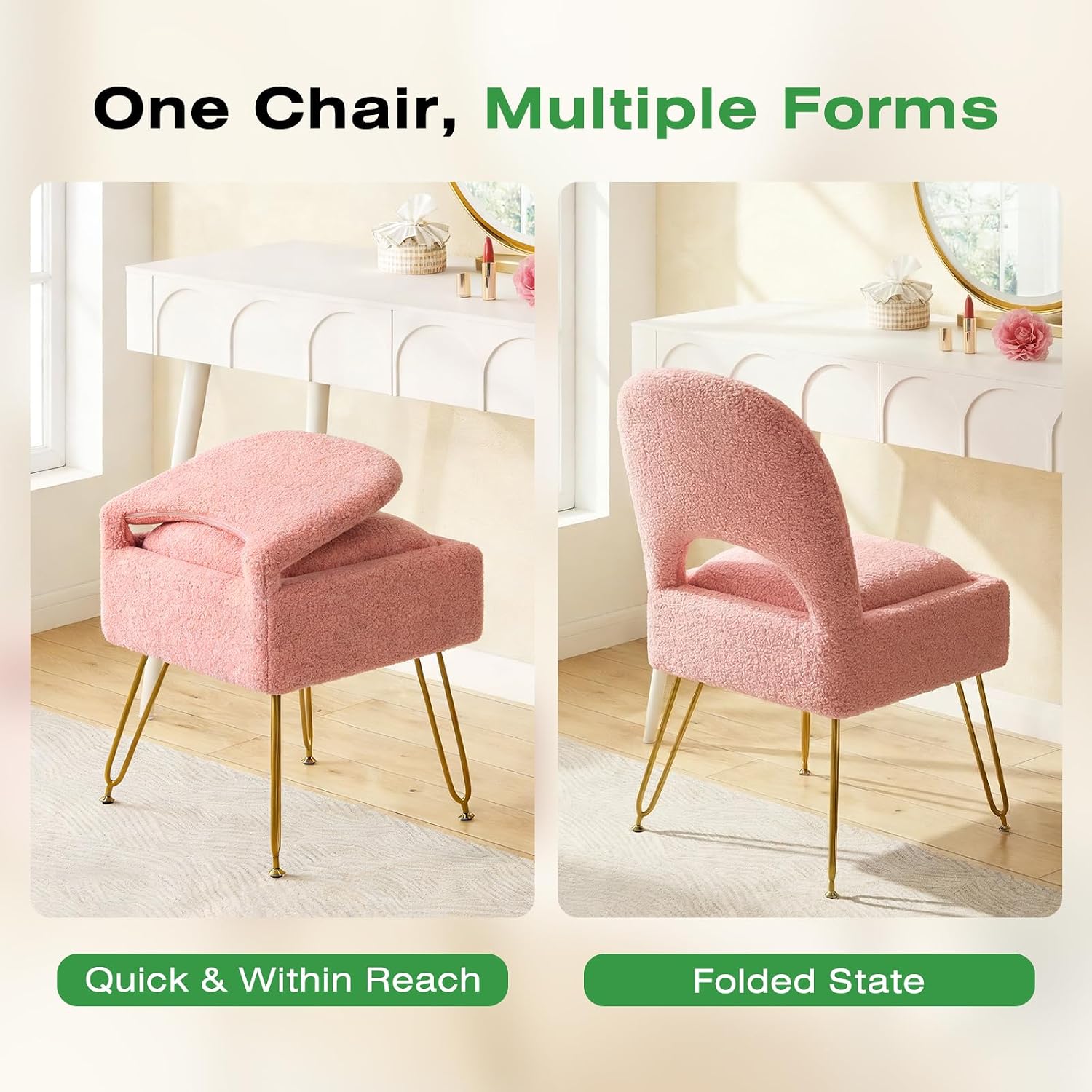Vanity Chair with Storage & Folding Backrest, Cute Pink Faux Fur Vanity Stool, Comfy Padded Make Chair for Makeup Bedroom, Adjustable Back & Plush Cushion Seat,16.6" Wide 11L Storage Space