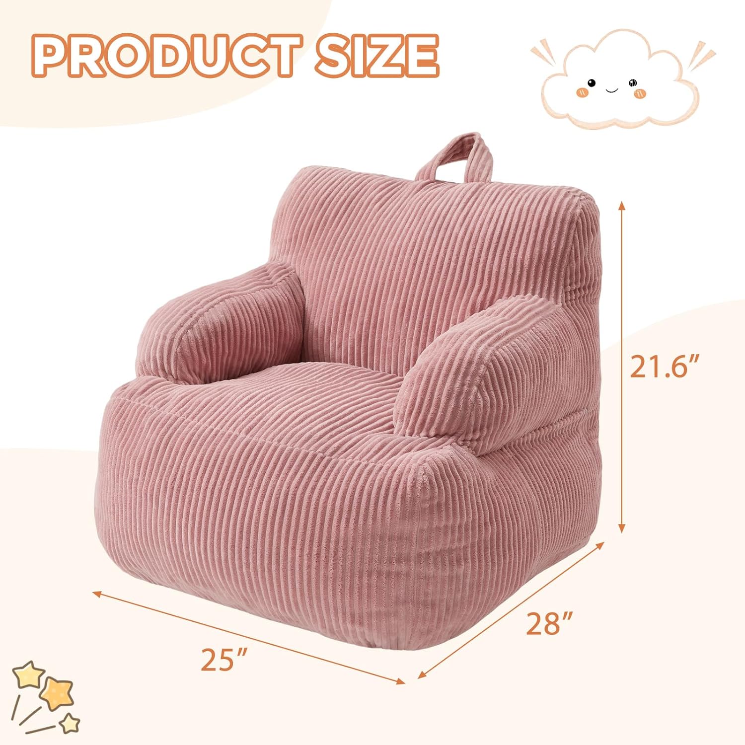 Bean Bag Chairs for Kids with Armrests, Comfy Kids Bean Bag Chair, Stuffed Toddler Bean Bag Sofa for Boys and Girls, Small Bean Bags for with Pocket, Floor Chair for Gaming, Reading & Relaxing, Pink