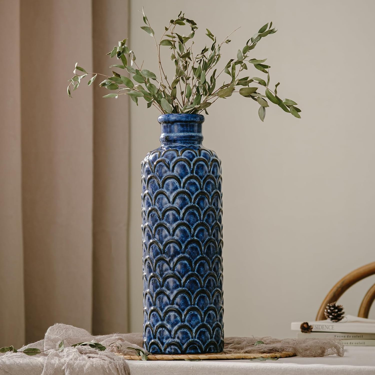 Ceramic Flower Vase,13.98" Tall Vintage Blue Pottery Vase for Home Decor, Rustic Textured Vase for Pampas Grass, Living Room, Entryway, Mantel, Kitchen Table