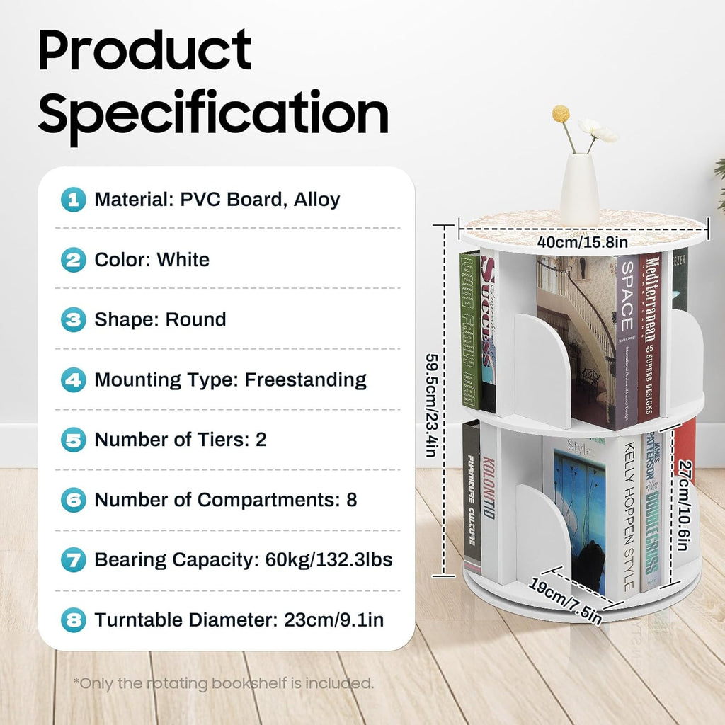 2 Tier Rotating Bookshelf for Living Room, Bedroom, Office & Study | 360° Revolving Bookcase, Dividers, Anti-Falling Design, Space Saving, Floor Standing, Book Organizer