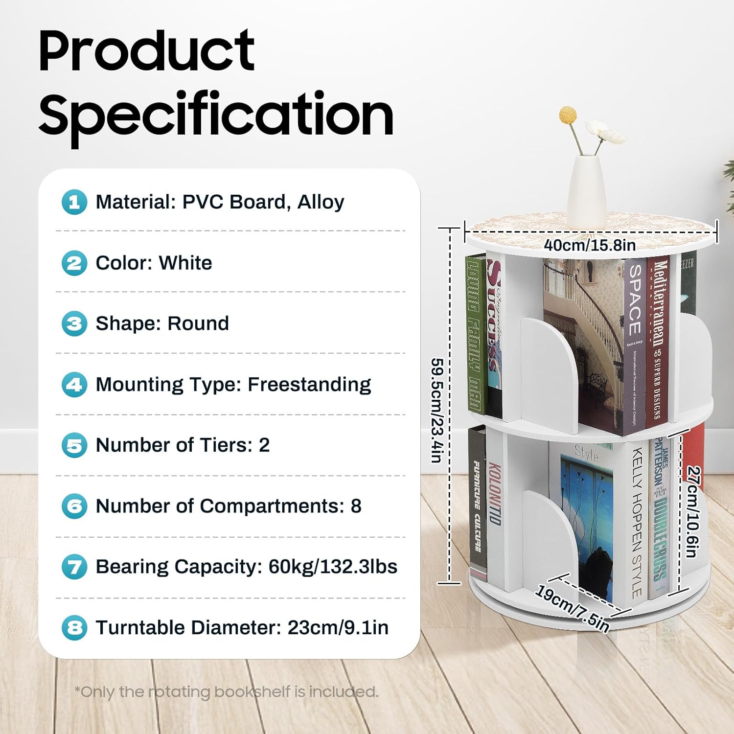 2 Tier Rotating Bookshelf for Living Room, Bedroom, Office & Study | 360° Revolving Bookcase, Dividers, Anti-Falling Design, Space Saving, Floor Standing, Book Organizer