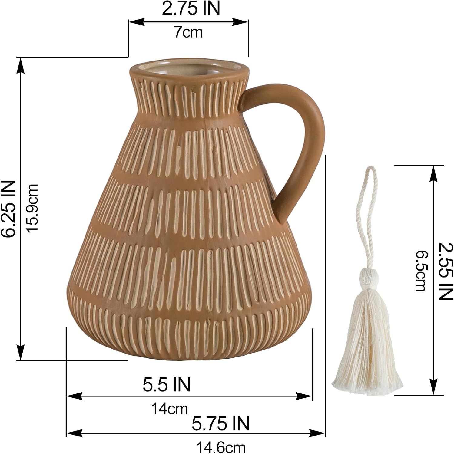 Mowtanco Rustic Farmhouse Vase with Handle and Tassel, Vertical Stripes Terracotta Pottery - Vintage Ceramic Clay for Home Décor, Shelf, Table, Bookshelf, Mantle, Entryway