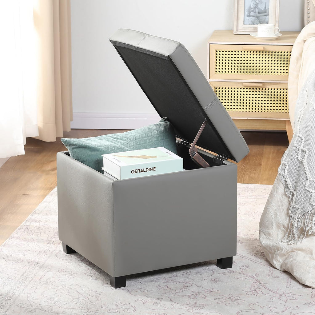 Asense 17 Inch Storage Ottoman Foot Rest,Square Faux Leather Foot Stool,Small Ottoman with Storage,Padded Seat for Entryway,Living Room,Bedroom,Couch,Under Desk,Grey