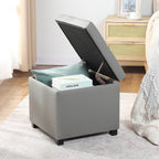 Asense 17 Inch Storage Ottoman Foot Rest,Square Faux Leather Foot Stool,Small Ottoman with Storage,Padded Seat for Entryway,Living Room,Bedroom,Couch,Under Desk,Grey