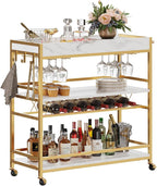 BON AUGURE Bar Cart for The Home, Rolling Home Bar Serving Cart on Wheels, 3 Tier Mobile Liquor Beverage Carts with Wine Rack and Glass Holder (Gold & Marbleized White)