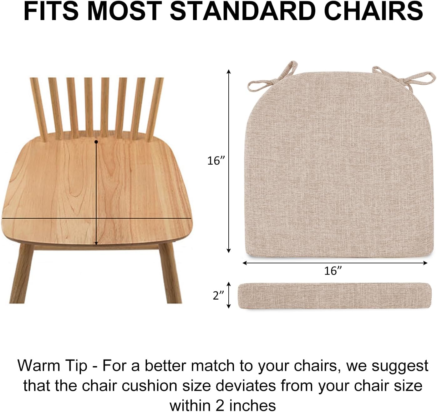 Wellsin Chair Cushions for Dining Chairs 6 Pack - Kitchen Chair Cushions with Ties and Non-Slip Backing - Dining Chair Pads 16"X16"X2", Oatmeal Beige