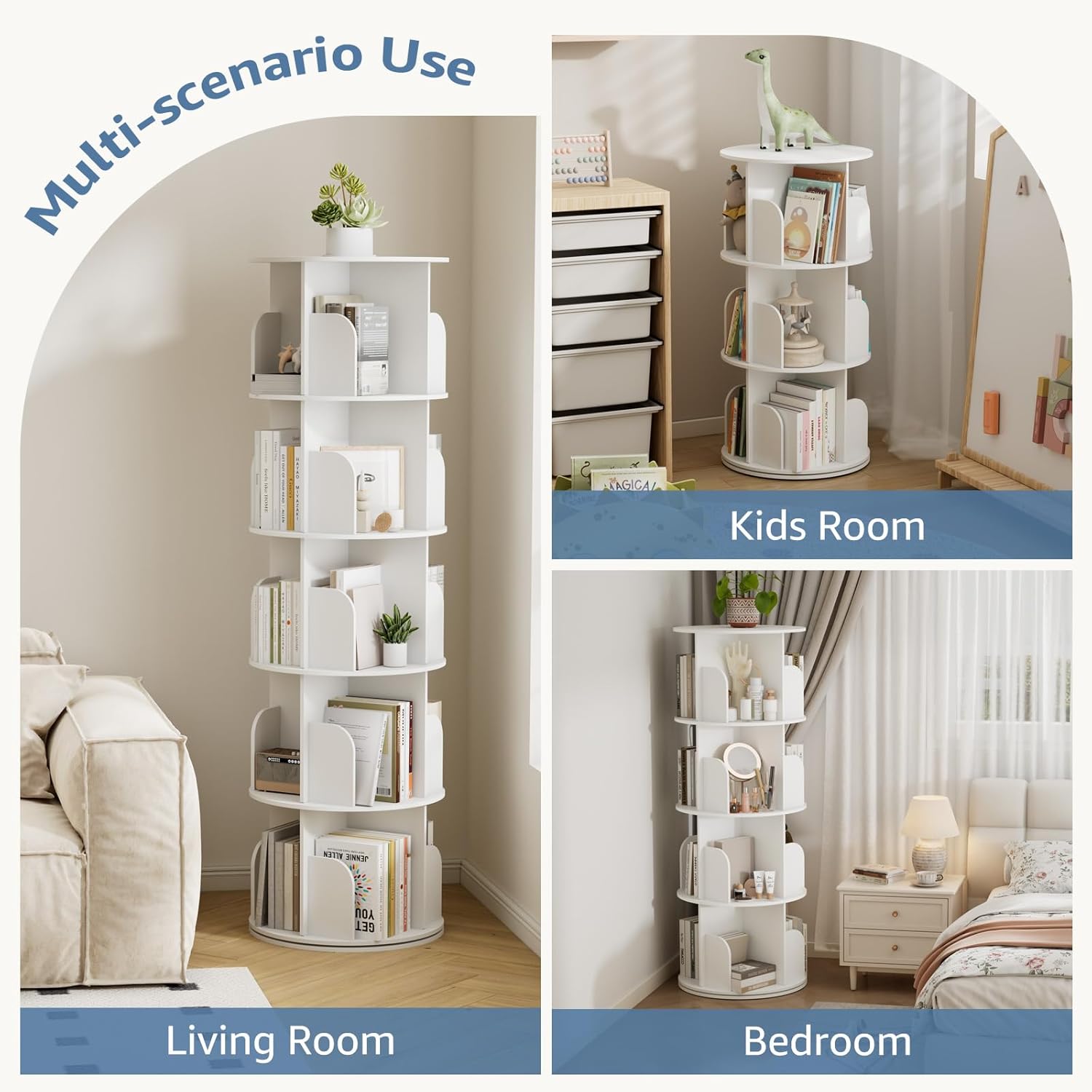 DUMOS 3 Tier Rotating Bookshelf Tower, Study Spinning Bookshelf for Small Space, 360° Display Revolving Bookcase Lazy Susan, Freestanding Vertical Corner Book Shelf for Bedroom, Living Room, White