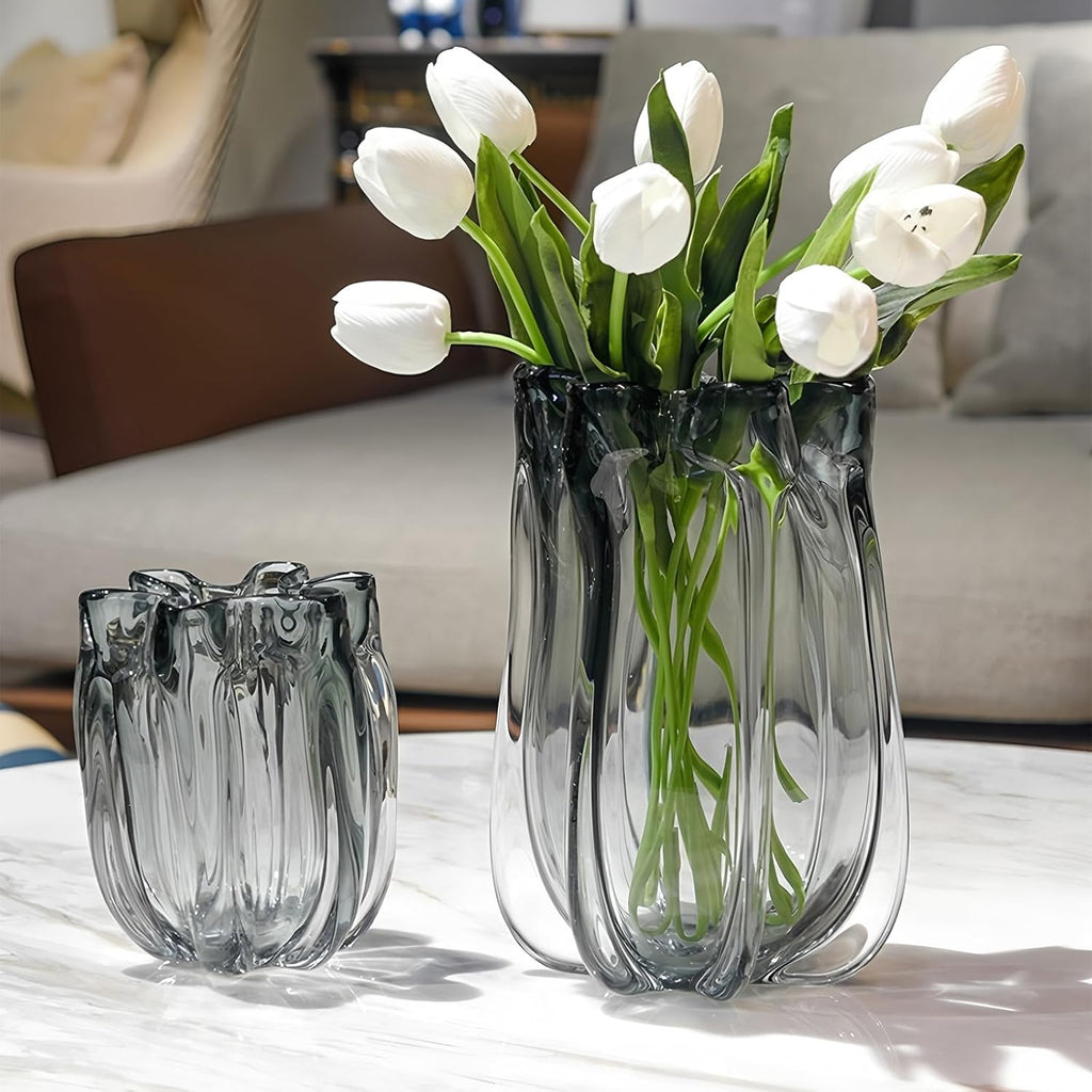 Modern Black Advanced Grey Glass Vase for Flowers, Hand Blown Art Glass Glass vase,Room Decoration and Centerpiece