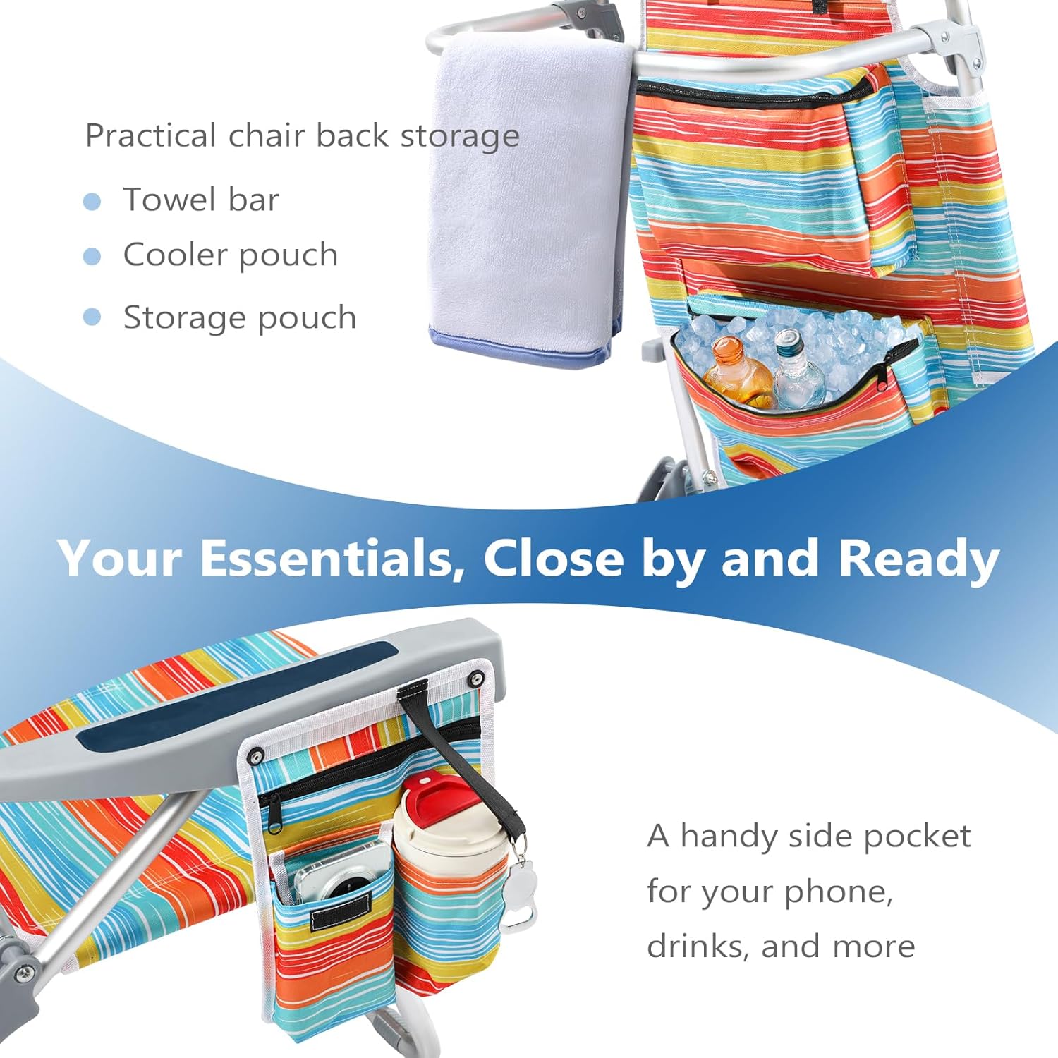 PASAMIC Backpack Beach Chair for Adults Portable, Lay Flat Reclining Beach Chair with 5 Positions, Tall Heavy Duty Folding Chairs with Cup Holder, Cooler Pouch, Storage Pouch, Multicolor Stripe