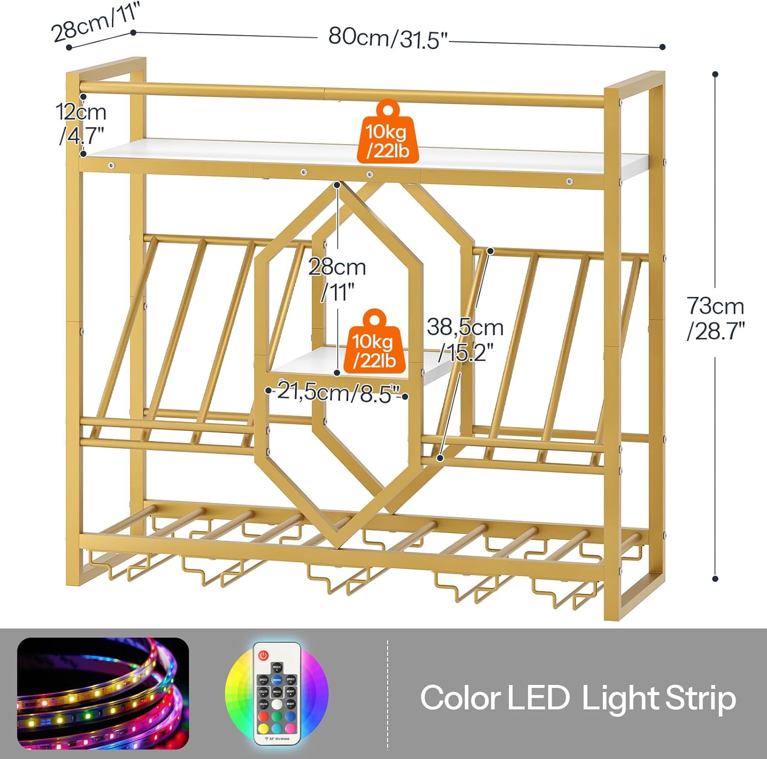 HOOBRO Wall Mounted Wine Rack with LED Light, 31.5" Wine Shelf, 3 Tier Wine Bottle Display Shelf with Glass Holder, Hanging Bar Liquor Storage Rack, for Kitchen, Bar, Gold and White DW73DBJ01